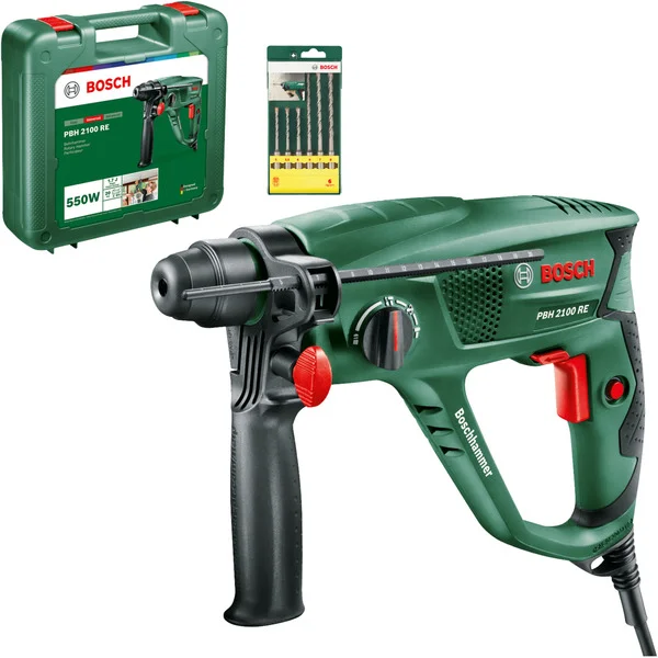 Bosch Heimwerken & Garten Bohrhammer PBH 2100 RE + 4 tlg. Zubehörset (grün/schwarz, 550 Watt, Koffer, Tiefenanschlag, Bohrerset, Zusatzhandgriff)