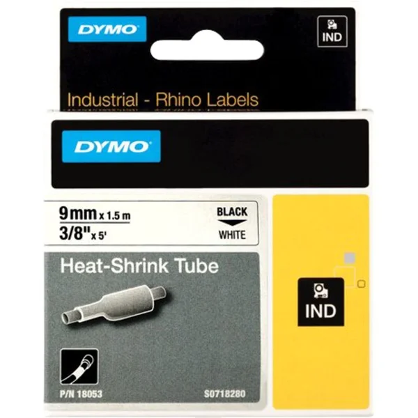 Dymo Rhino IND ORIGINAL Heißschrumpfschlauch 9mm x 1,5m, schwarz auf weiß, Etiketten- Schrumpfschlauch (für Durchmesser 1,73-3,73 mm, 18053)