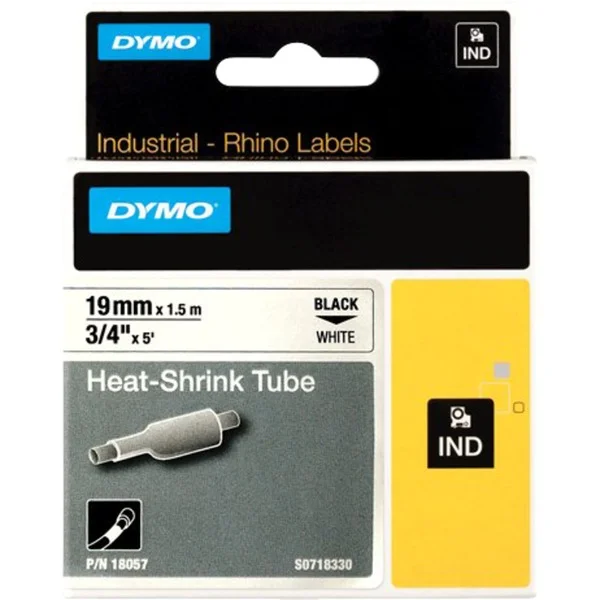 Dymo Rhino IND ORIGINAL Heißschrumpfschlauch 19mm x 1,5m, schwarz auf weiß, Etiketten- Schrumpfschlauch (für Durchmesser 4,64-8,70 mm, 18057)