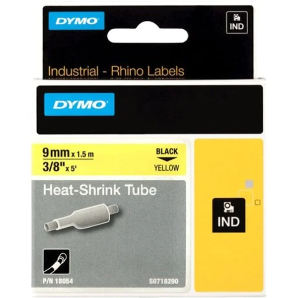 Dymo Rhino ORIGINAL IND Heißschrumpfschlauch 9mm x 1,5m, schwarz auf gelb, Etiketten- Schrumpfschlauch (für Durchmesser 1,73-3,73 mm, 18054)