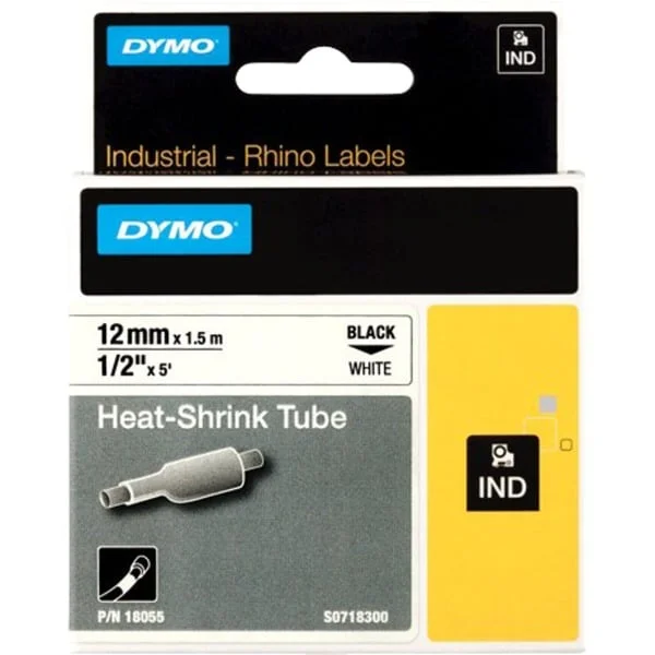 Dymo Rhino IND ORIGINAL Heißschrumpfschlauch 12mm x 1,5m, schwarz auf weiß, Etiketten- Schrumpfschlauch (für Durchmesser 2,97-5,13 mm, 18055)