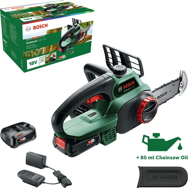 Bosch Heimwerken & Garten Akku-Kettensäge UniversalChain 18, 18Volt (grün/schwarz, Li-Ionen Akku 2,5Ah, POWER FOR ALL ALLIANCE)