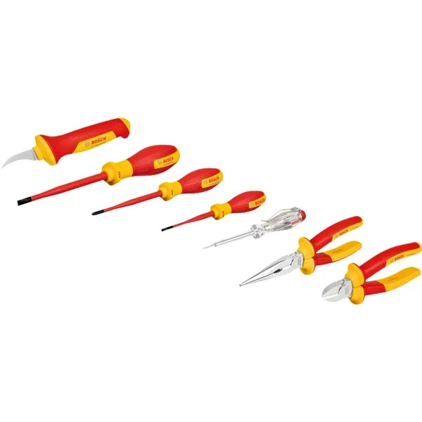 Bosch Professional VDE Werkzeug-Set gemischt, 7-teilig (rot/gelb, Seitenschneider, Spitzzange, 4 Schraubendreher, Abmantelungsmesser)
