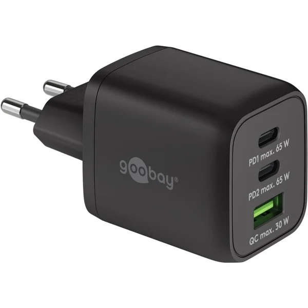 goobay USB-C Schnellladegerät Nano, PD, GaN, 65 Watt, USB-C Textilkabel (schwarz, 1x USB-A, 2x USB-C PD, Quick Charge 3.0, 1 Meter Kabel)
