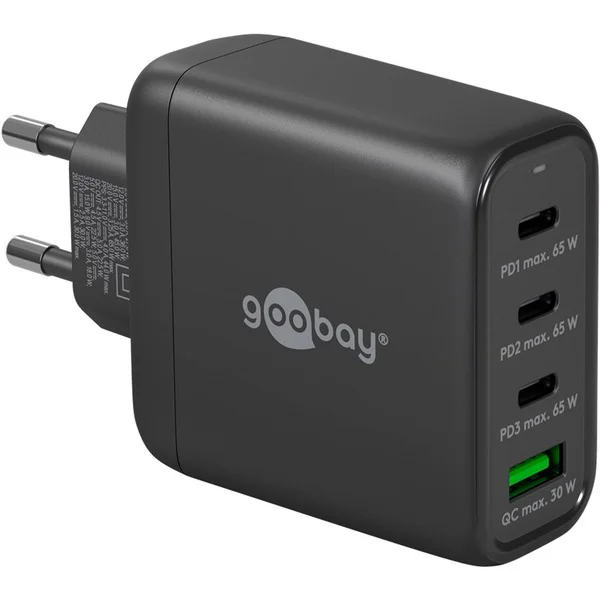 goobay USB-C Multiport-Schnellladegerät, PD, GaN, 68 Watt (schwarz, 3x USB-C, 1x USB-A, Power Delivery, QuickCharge)