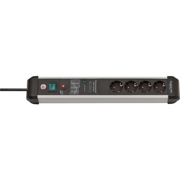 Brennenstuhl Premium-Protect-Line Steckdosenleiste 4-fach (schwarz/aluminium, 3 Meter, 60.000A Überspannungsschutz)