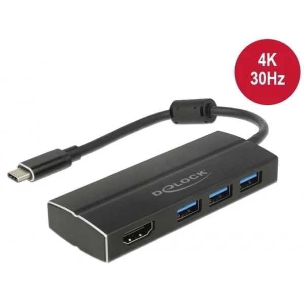 DeLOCK USB 3.2 Gen 1 Hub, USB-C Stecker > 3x USB-A Buchse + HDMI Buchse, USB-Hub (schwarz, 15cm)