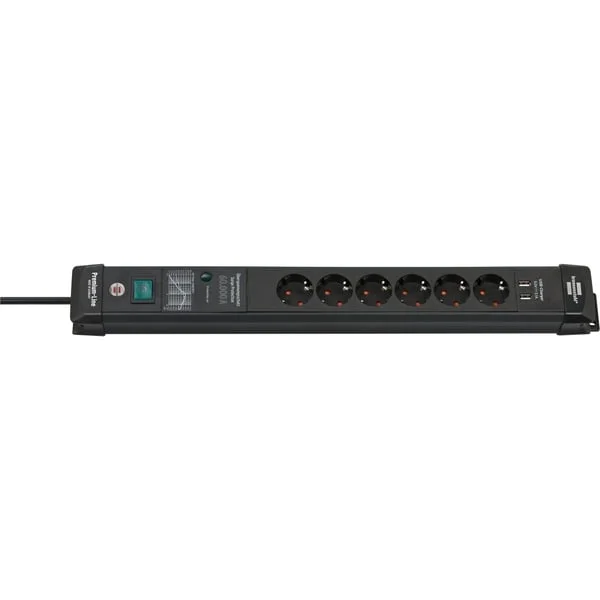 Brennenstuhl Premium-Line Steckdosenleiste 6-fach (schwarz, 3 Meter, 60.000A Überspannungsschutz, 2x USB-A)