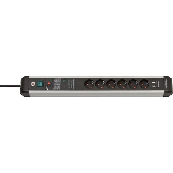 Brennenstuhl Premium-Protect-Line Steckdosenleiste 6-fach (schwarz/aluminium, 3 Meter, 60.000A Überspannungsschutz, 2x USB-A)