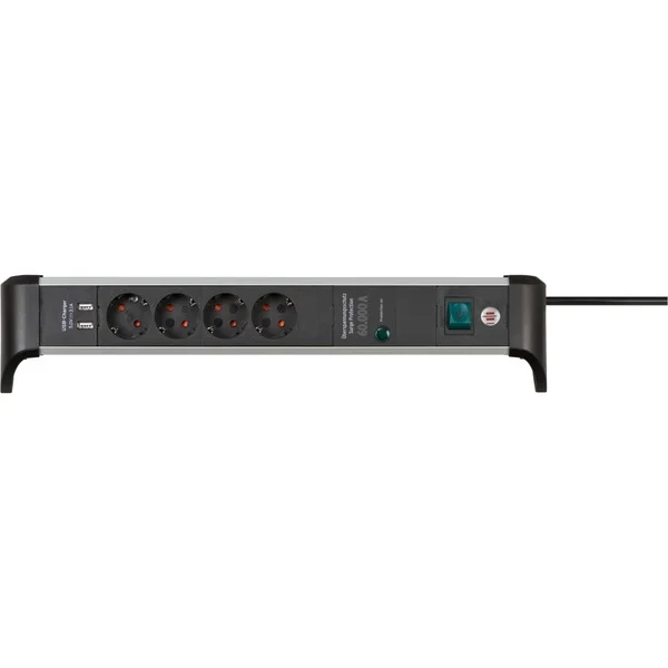 Brennenstuhl Alu-Office-Line Steckdosenleiste 4-fach, für den Schreibtisch (schwarz/aluminium, 1,8 Meter Kabel, 60.000A Überspannungsschutz, 2x USB-A)