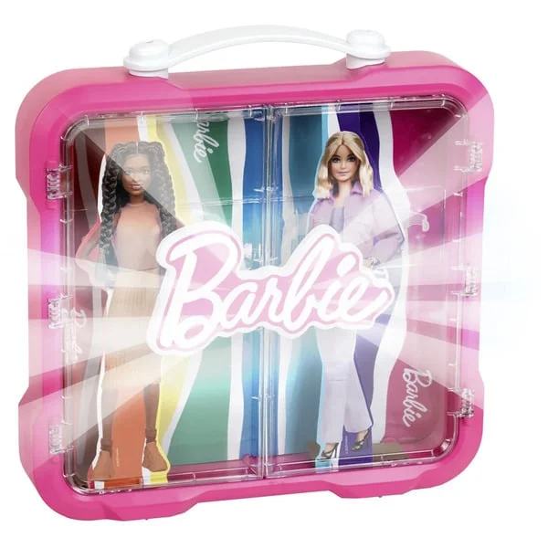 Theo Klein Barbie - Vitrinenkoffer für 4 Barbies, Aufbewahrungsbox (pink/transparent, mit leuchtendem Barbie Logo)