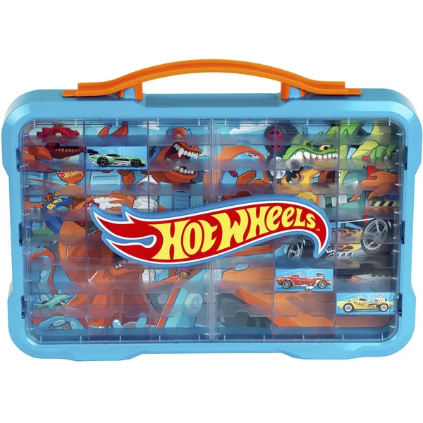 Theo Klein Hot Wheels - Sammelkoffervitrine mit Licht, Aufbewahrungsbox (hellblau/transparent, für 54 Fahrzeuge, 1:64)