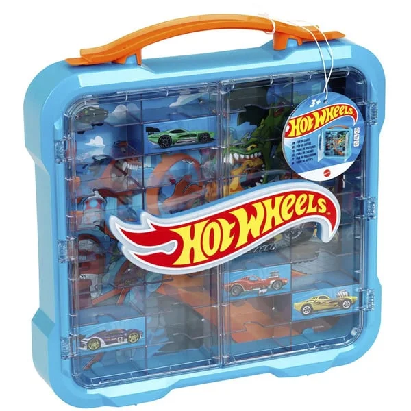Theo Klein Hot Wheels - Sammelkoffervitrine mit Licht, Aufbewahrungsbox (hellblau/transparent, für 36 Fahrzeuge, 1:64)