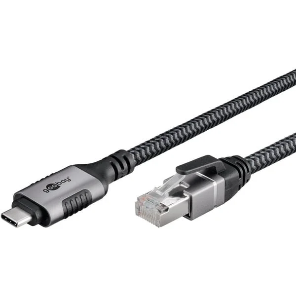 goobay Ethernet-Kabel USB-C 3.2 Gen2 Stecker > RJ-45 Stecker, LAN-Adapter (schwarz/silber, 7,5 Meter, geflochtener Textilmantel)
