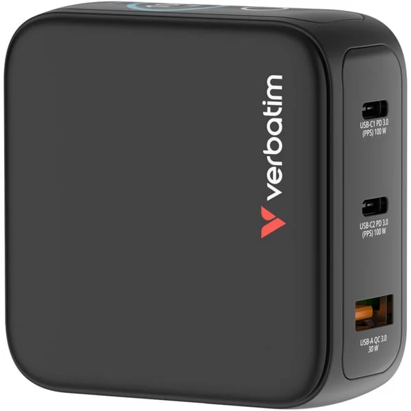 Verbatim Mini-GaN-Ladegerät mit Display (schwarz, 100 Watt Gesamtleistung)