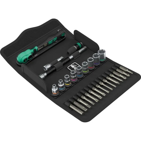 Wera 8100 SA 15 Zyklop Comfort Knarrensatz, 1/4", Werkzeug-Set (schwarz/grün, 28-teilig, Comfort-Knarre mit Umschalthebel)