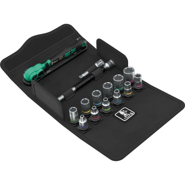 Wera 8100 SA 13 Zyklop Comfort Knarrensatz, 1/4", Werkzeug-Set (schwarz/grün, 15-teilig, Comfort-Knarre mit Umschalthebel)