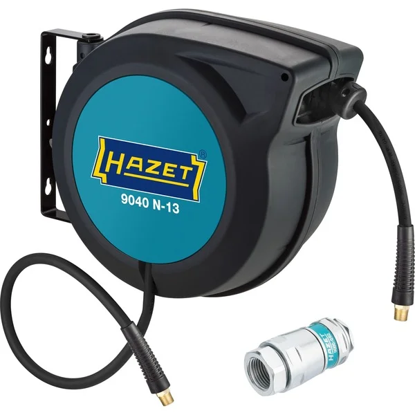 Hazet Schlauchaufroller 9040N/2 Set, 15 Meter, Druckluftschlauch (schwarz/blau, 90cm Anschlussschlauch, Sicherheits-Kupplung)