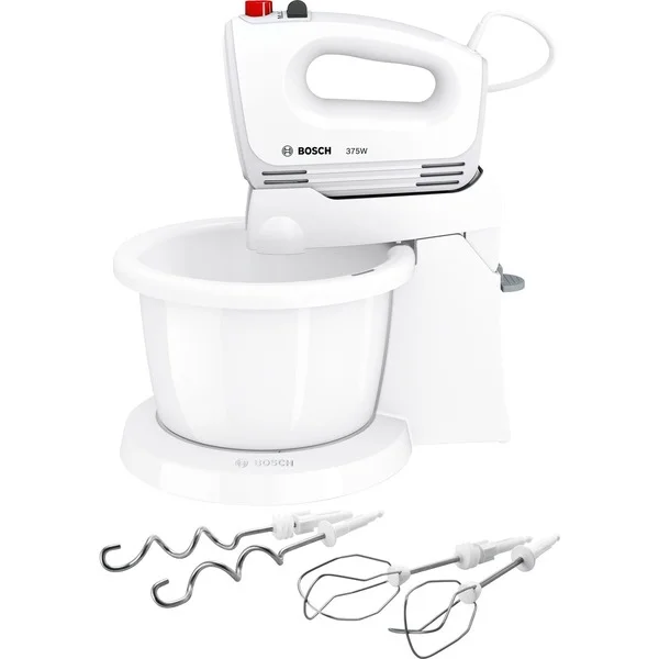 Bosch Home Handmixer CleverMixx MFQ2600W (weiß/rot, 375 Watt, mit Schüssel und Geräteständer)