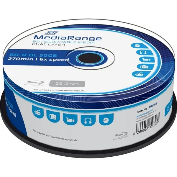 MediaRange BD-R Dual Layer 50 GB, Blu-ray-Rohlinge (6-fach, 25 Stück)