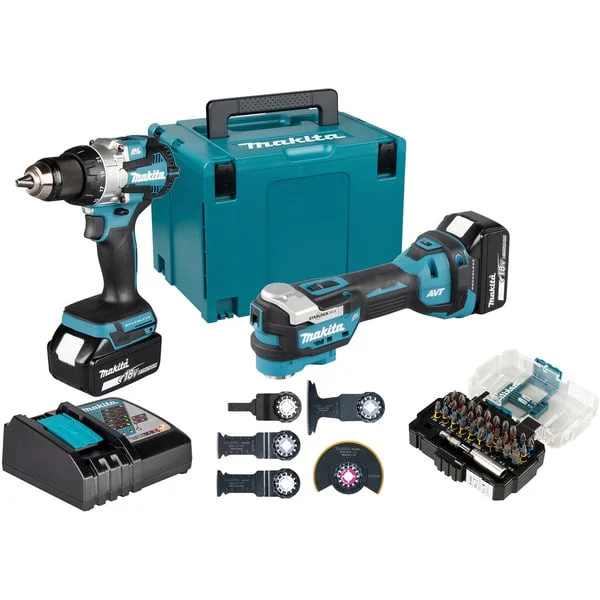 Makita Akku-Kombo-Kit DLX2592JX1, 18Volt, Bohrschrauber (blau/schwarz, 2x Akku 5,0Ah, Akku-Bohrschrauber, Multifunktionswerkzeug, 2x Zubehör-Set)