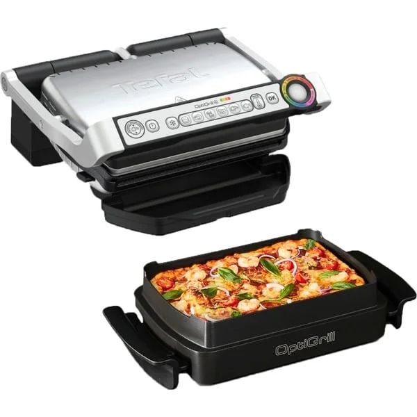 Tefal OptiGrill+ Snacking & Baking GC714D, Kontaktgrill (silber/schwarz, 2.000 Watt, mit Backschale)