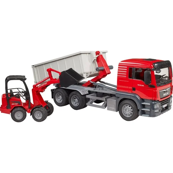 bruder 03767 MAN TGS LKW mit Abrollcontainer und Schäffer Hoflader, Modellfahrzeug