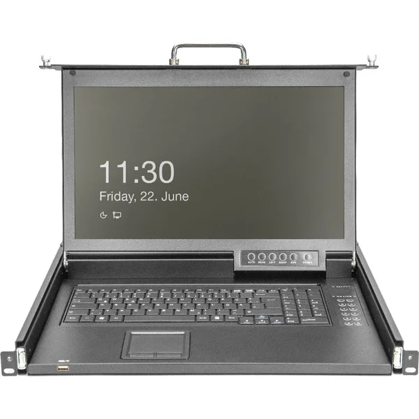 Digitus Modulare HD LCD KVM Konsole mit 17" TFT 16 Port VGA, KVM-Switch (schwarz, deutsches Tastaturlayout, 16 Port VGA KVM-Switch, Touchpad)
