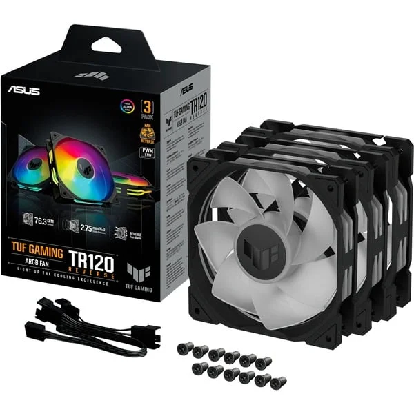 ASUS TUF GAMING TR120 ARGB, Gehäuselüfter (schwarz/transparent, Reverse Blade, 3er Pack, 120 mm)