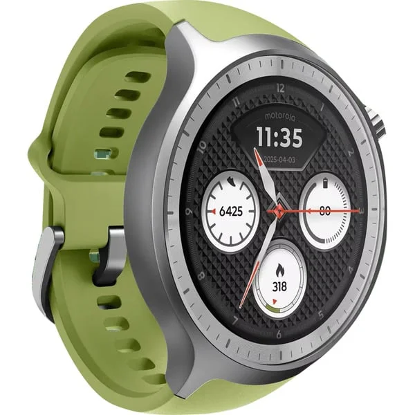 Motorola moto watch, Smartwatch (silber, mit silbernem Edelstahl-Armband und grünem Silikon-Armband)
