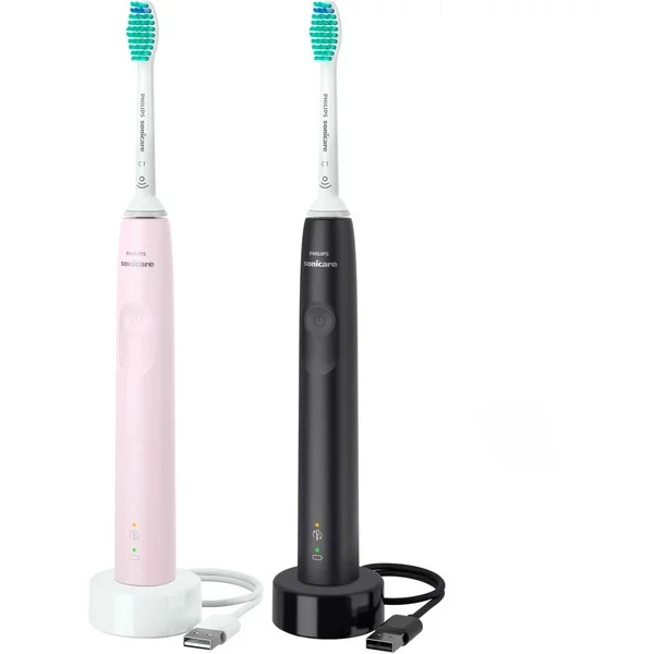 Philips Sonicare 3100 Series HX3675/15, Elektrische Zahnbürste (schwarz/rosa, 2x Elektrische Schallzahnbürsten - Schwarz/Rosa)