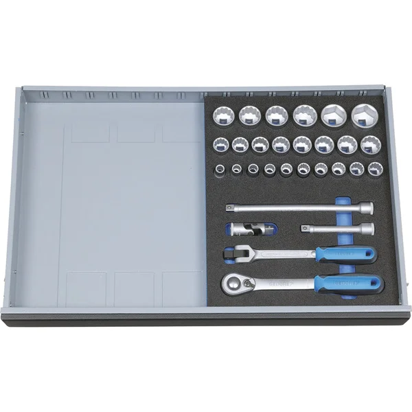 GEDORE Steckschlüssel-Sortiment 1/2", 29-teilig (mit Umschalt-Knarre/Gelenkgriff, in 2/4 Check-Tool-Modul)