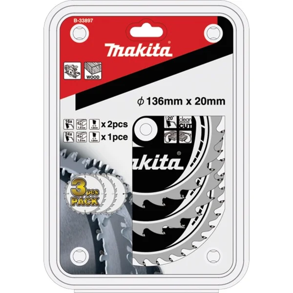 Makita Kreissägeblatt-Satz B-33897, Ø 136mm, 16Z / 24Z (3-teilig, Bohrung 20mm, für Akku-Sägen)