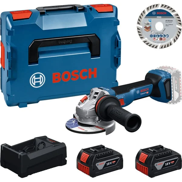 Bosch Professional Werkzeug Set Akku Winkelschleifer 18 Volt mit 2 Akkus 5.0 Amperestunden und Trennscheibe 125 in L-BOXX, Werkzeug-Set (Boxed)