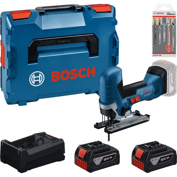 Bosch Professional Akku-Stichsäge Set mit 2 Akkus 5,0 Amperestunden, Schnellladegerät und Stichsägeblattset in L-BOXX, Werkzeug-Set (Boxed)