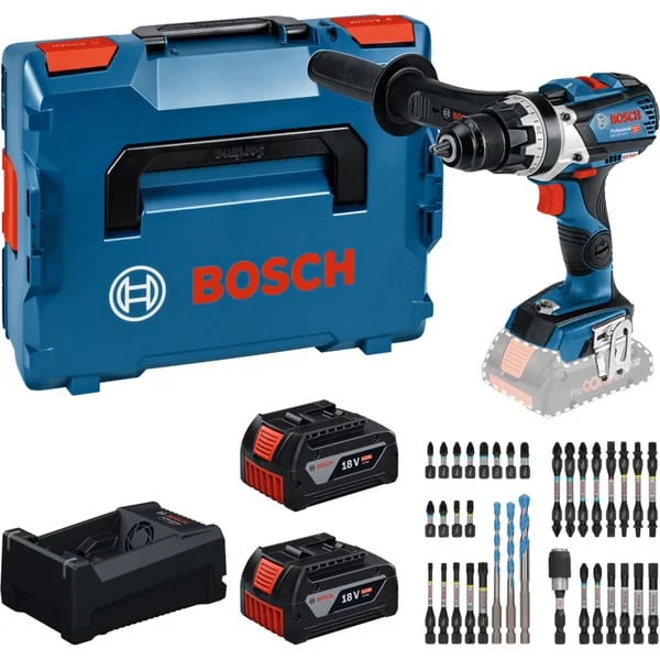 Bosch Professional Werkzeug-Set: Akku-Bohrschrauber 18 Volt 110 Nm mit 2 Akkus 5,0 Ah, Ladegerät und Bit-Set (Boxed)