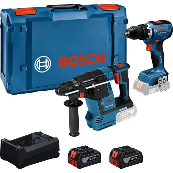 Bosch Professional Combo Kit Akku-Bohrschrauber 18 Volt 65 + Bohrhammer 18 Volt 26 mit 2 Akkus 5 Ah und Ladegerät, Sets (Kit)