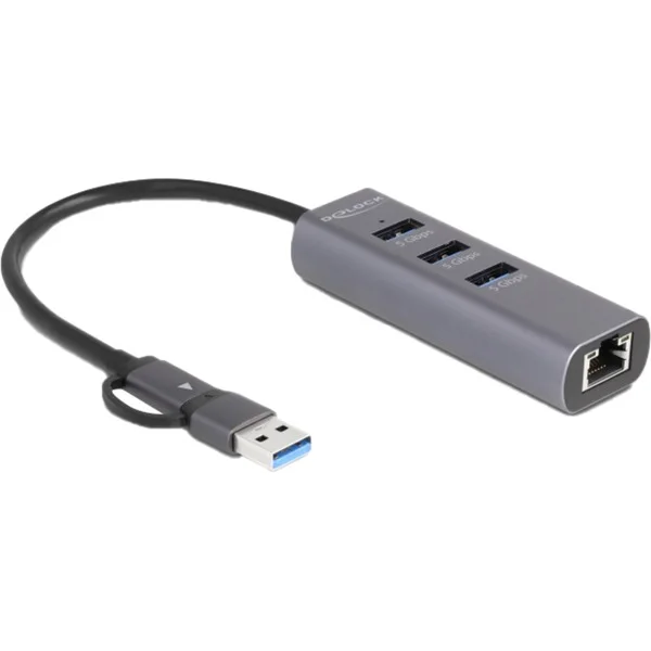 DeLOCK 3 Port USB 5 Gbps Hub + Gigabit LAN mit USB Type-C, Dockingstation (grau)