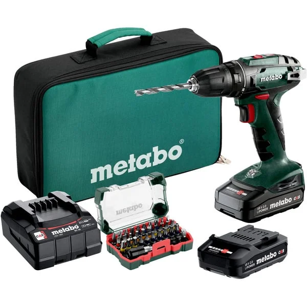 Metabo BS 18 Set (602207930) Akku-Bohrschrauber, 18Volt (grün/schwarz, 2x Li-Ionen Akku 2,0Ah, in Werkzeugtasche + 32-teiliges Zubehör)