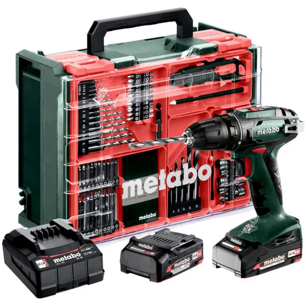 Metabo BS 18 Set (602207710) Akku-Bohrschrauber, 18 Volt (grün/schwarz, 2x Li-Ionen Akku 2,0Ah, Koffer + 74-teiliges Zubehör)