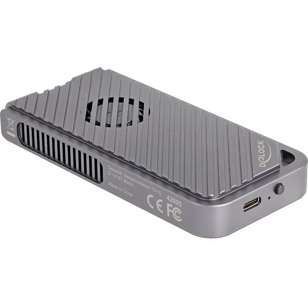 DeLOCK Laufwerksgehäuse M.2 NVMe USB 40 Gbps Gaming Style (grau, werkzeugfrei, mit LED und Lüfter)