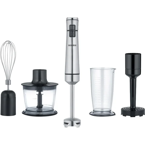 Severin Kabelloser Stabmixer SM 3775 Premium-Set (edelstahl (gebürstet)/schwarz, Li-Ion Akku, 2.000 mAh, mit Zerkleinerer, Kartoffelstampfer, Schneebesen)