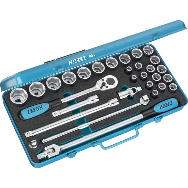 Hazet Steckschlüssel-Satz 905, 1/2", 30-teilig, Werkzeug-Set (blau, mit Umschaltknarre)