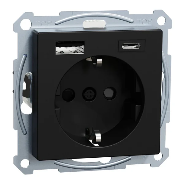 Merten Steckdose mit Schutzkontakt und USB Ladegerät Typ MEG2367-0403, System M (schwarz (matt), Retail)