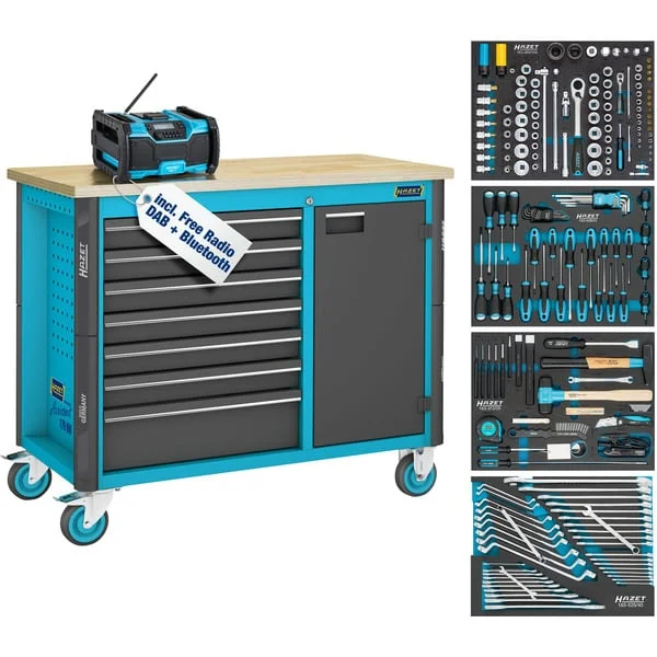 Hazet Werkbank Assistent (179NW-7/210), fahrbar, Sortiment, Werkzeugwagen (blau/schwarz, 210-teilig inkl. DAB Radio)