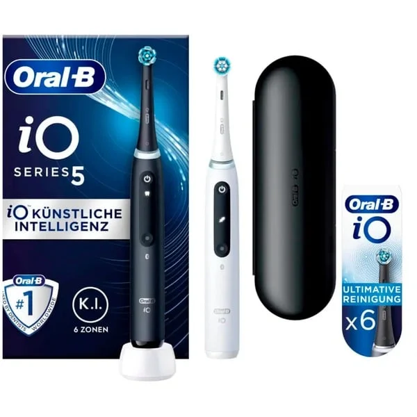 Oral-B iO Series 5 Duo, Elektrische Zahnbürste (schwarz/weiß, Matt Black/Quite White inkl. 2. Handstück)