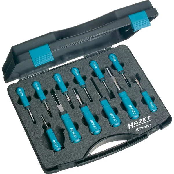 Hazet Kabelentriegeler Sortiment (4670-1/12), 12-teilig, Montagewerkzeug (blau/schwarz, Für circa 80 % aller Pkw Steckkontakte, in Koffer)