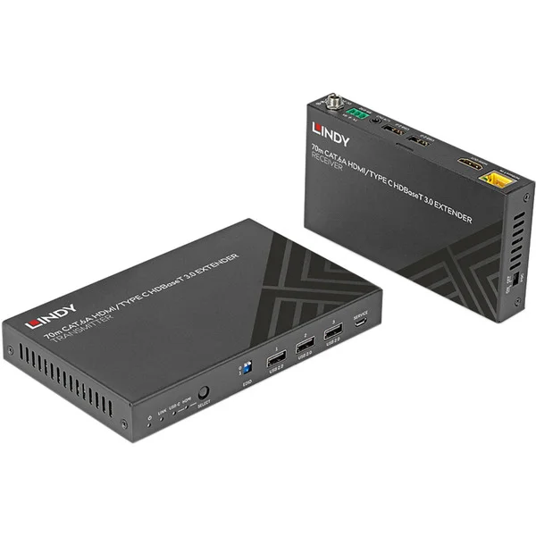 Lindy 70m Cat.6A HDMI 4K60 & Typ C HDBaseT 3.0 KVM Extender, HDMI Verlängerung (schwarz)