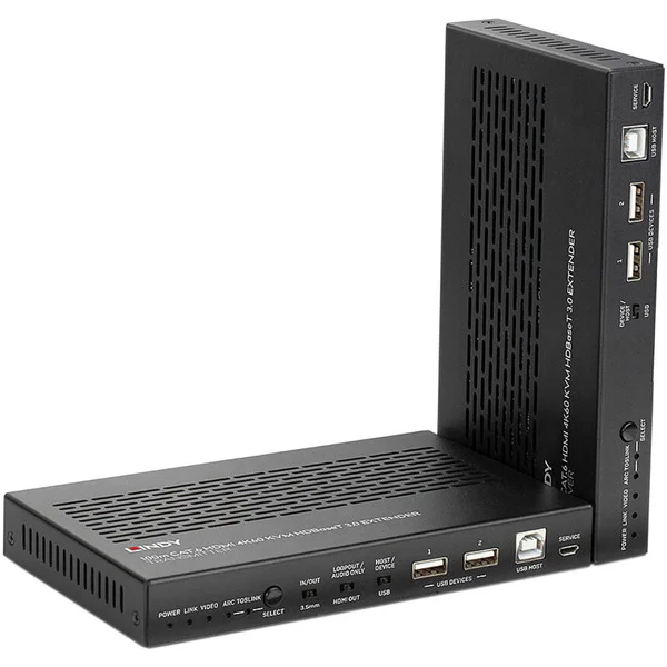 Lindy 100m Cat.6A KVM Extender HDBaseT 3.0, KVM-Switch (schwarz, HDMI 4K60, Audio, IR & RS-232)