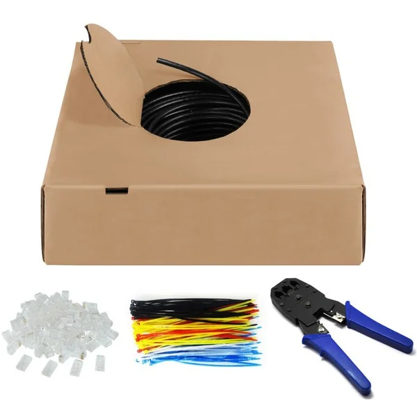 goobay Outdoor Netzwerkkabel-Set Cat.6, U/UTP (schwarz, 305 Meter, inkl. Crimpzange)